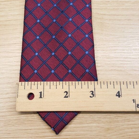 ALFANI Mens Neck Tie Burgundy Blue Diamond Grid Classic Pointed Maroon - Picture 5 of 6